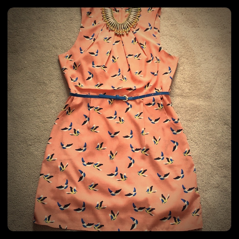 Cute Peach dress with Blue & yellow Canary Print
